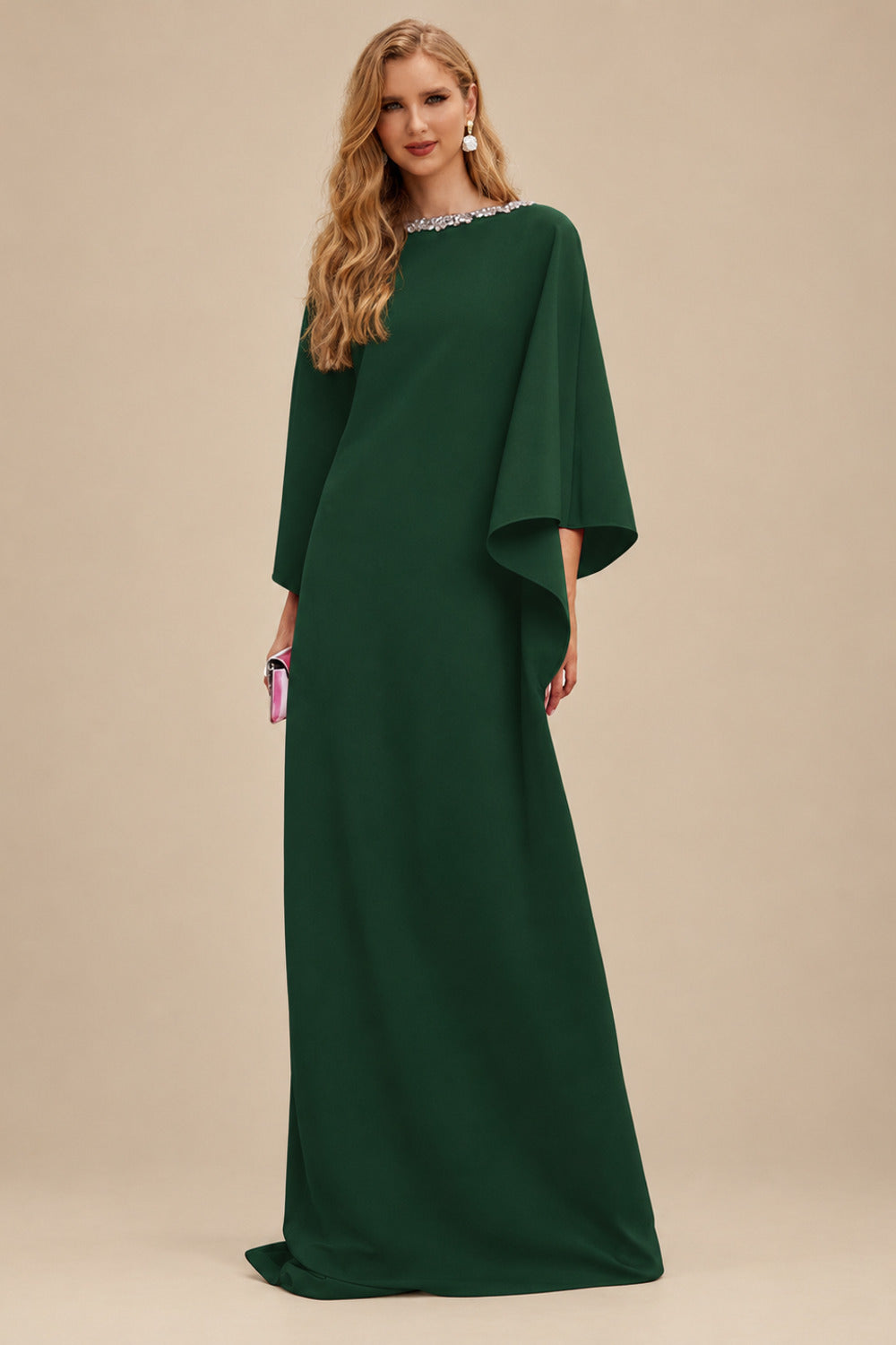 Rutipo Hunter Green Modest Sparkle Scoop Neck Bell Sleeves Stretch Chiffon Mother Of The Bride Dresses