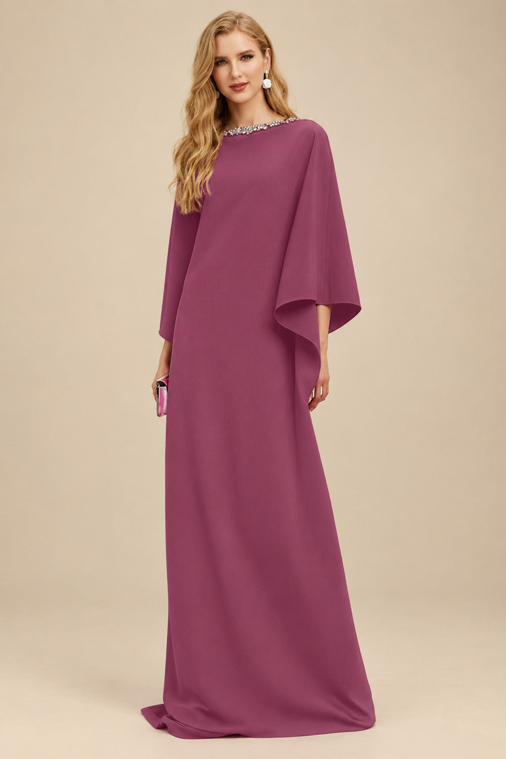 Rutipo Mulberry Modest Sparkle Scoop Neck Bell Sleeves Stretch Chiffon Mother Of The Bride Dresses