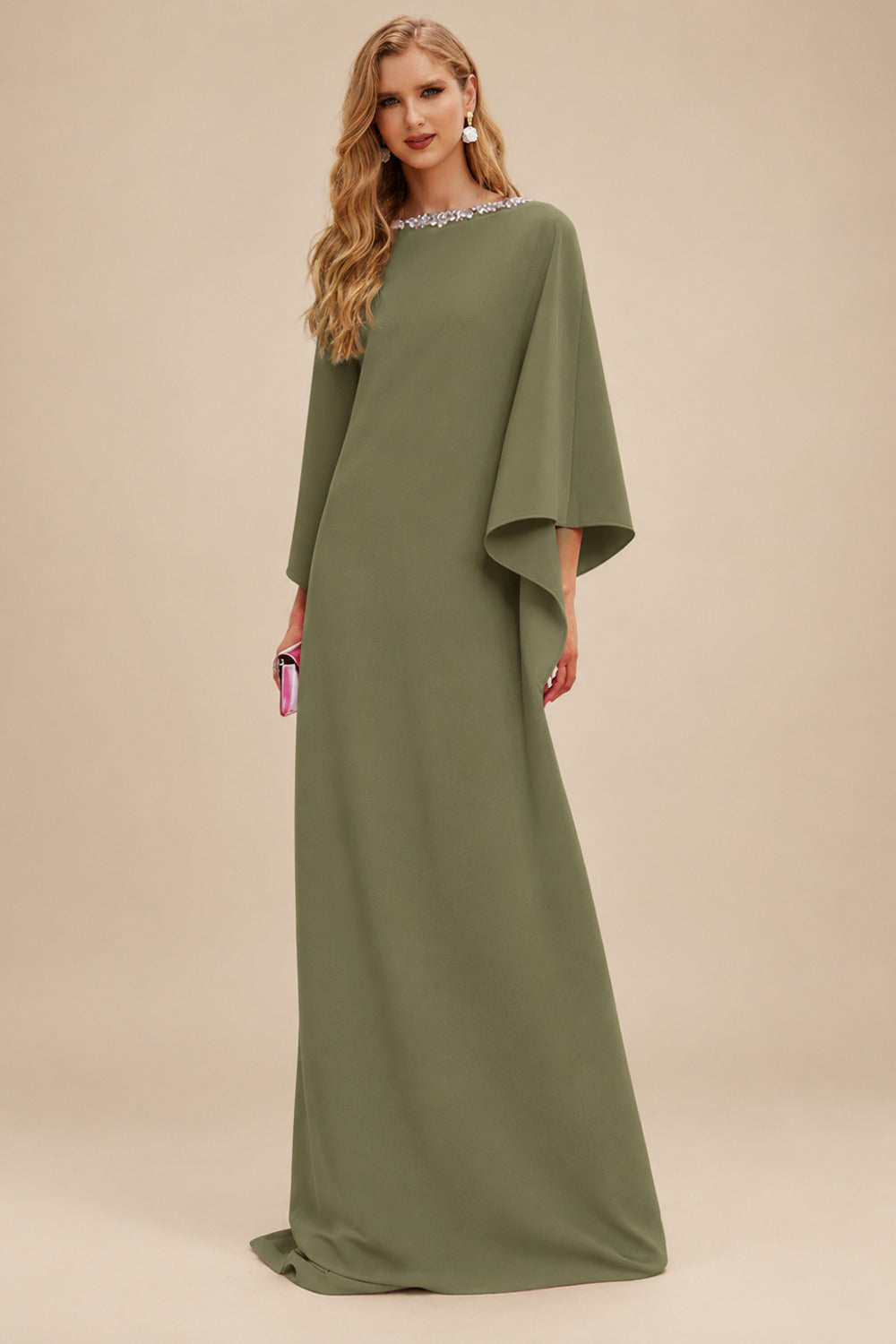 Rutipo Olive Green Modest Sparkle Scoop Neck Bell Sleeves Stretch Chiffon Mother Of The Bride Dresses