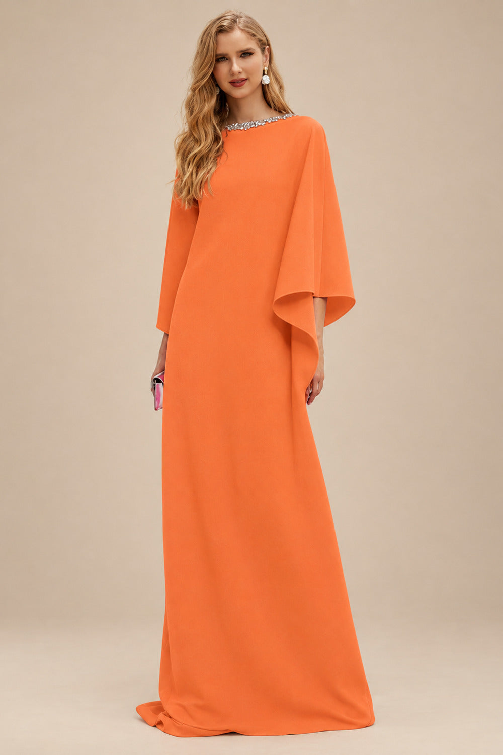 Rutipo Orange Modest Sparkle Scoop Neck Bell Sleeves Stretch Chiffon Mother Of The Bride Dresses