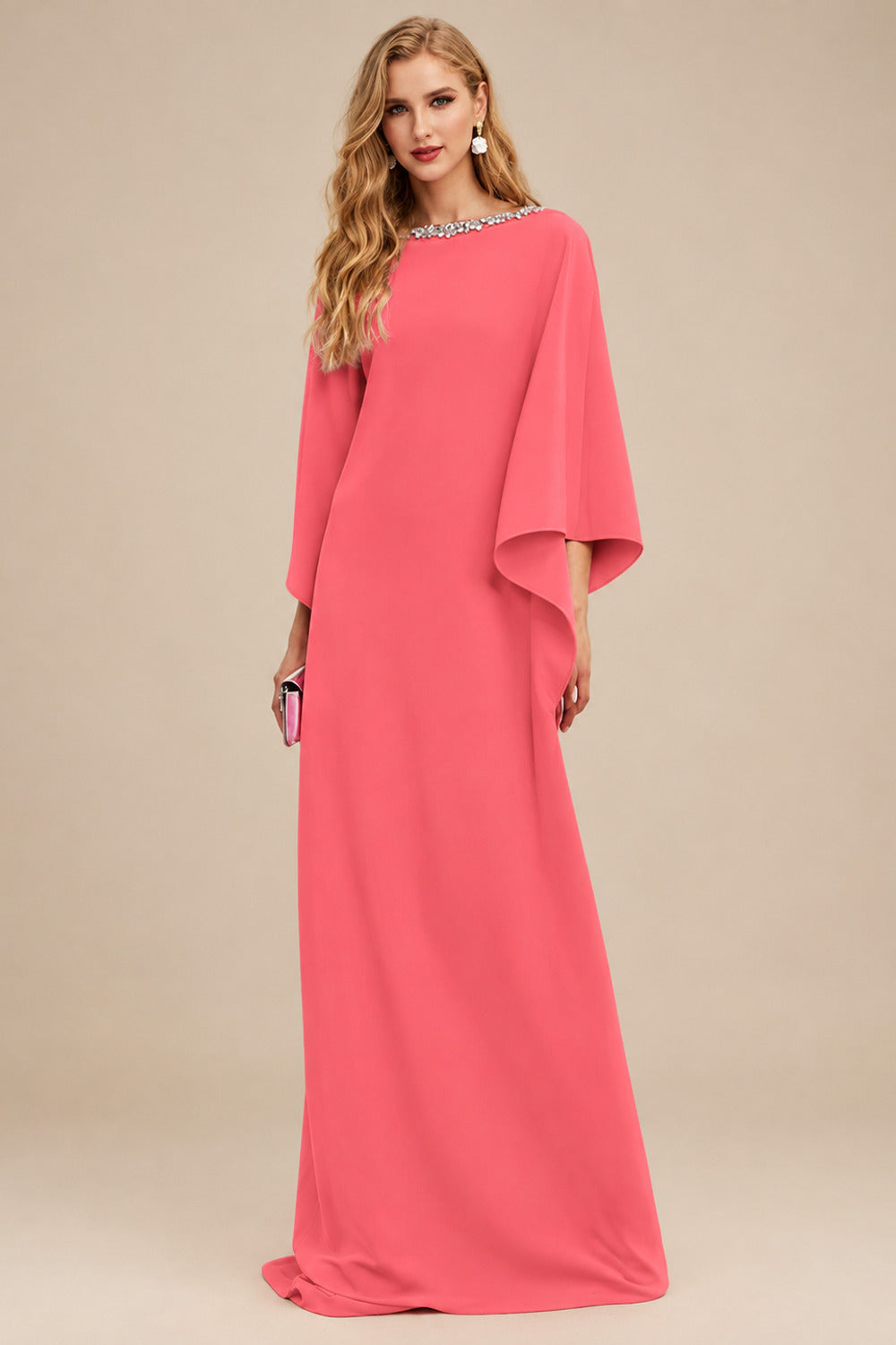 Rutipo Watermelon Modest Sparkle Scoop Neck Bell Sleeves Stretch Chiffon Mother Of The Bride Dresses