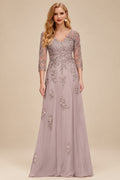 Rutipo As Picture A-Line V-Neck 3/4 Sleeves Tulle Mother Of The Bride Dresses With Appliques Lace