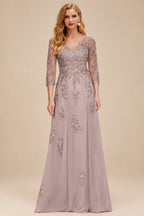 Rutipo As Picture A-Line V-Neck 3/4 Sleeves Tulle Mother Of The Bride Dresses With Appliques Lace