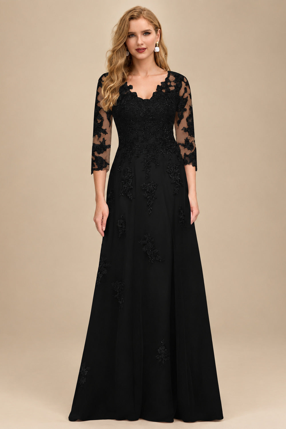 Rutipo Black A-Line V-Neck 3/4 Sleeves Tulle Mother Of The Bride Dresses With Appliques Lace