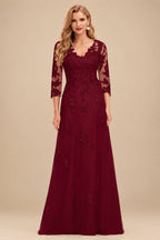 Rutipo Burgundy A-Line V-Neck 3/4 Sleeves Tulle Mother Of The Bride Dresses With Appliques Lace