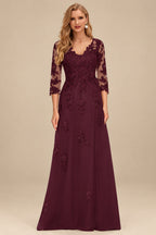 Rutipo Cabernet A-Line V-Neck 3/4 Sleeves Tulle Mother Of The Bride Dresses With Appliques Lace