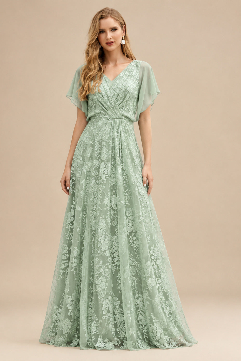 Rutipo Celadon A-Line V-Neck 3/4 Sleeves Tulle Mother Of The Bride Dresses With Appliques Lace