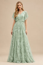 Rutipo Celadon A-Line V-Neck 3/4 Sleeves Tulle Mother Of The Bride Dresses With Appliques Lace