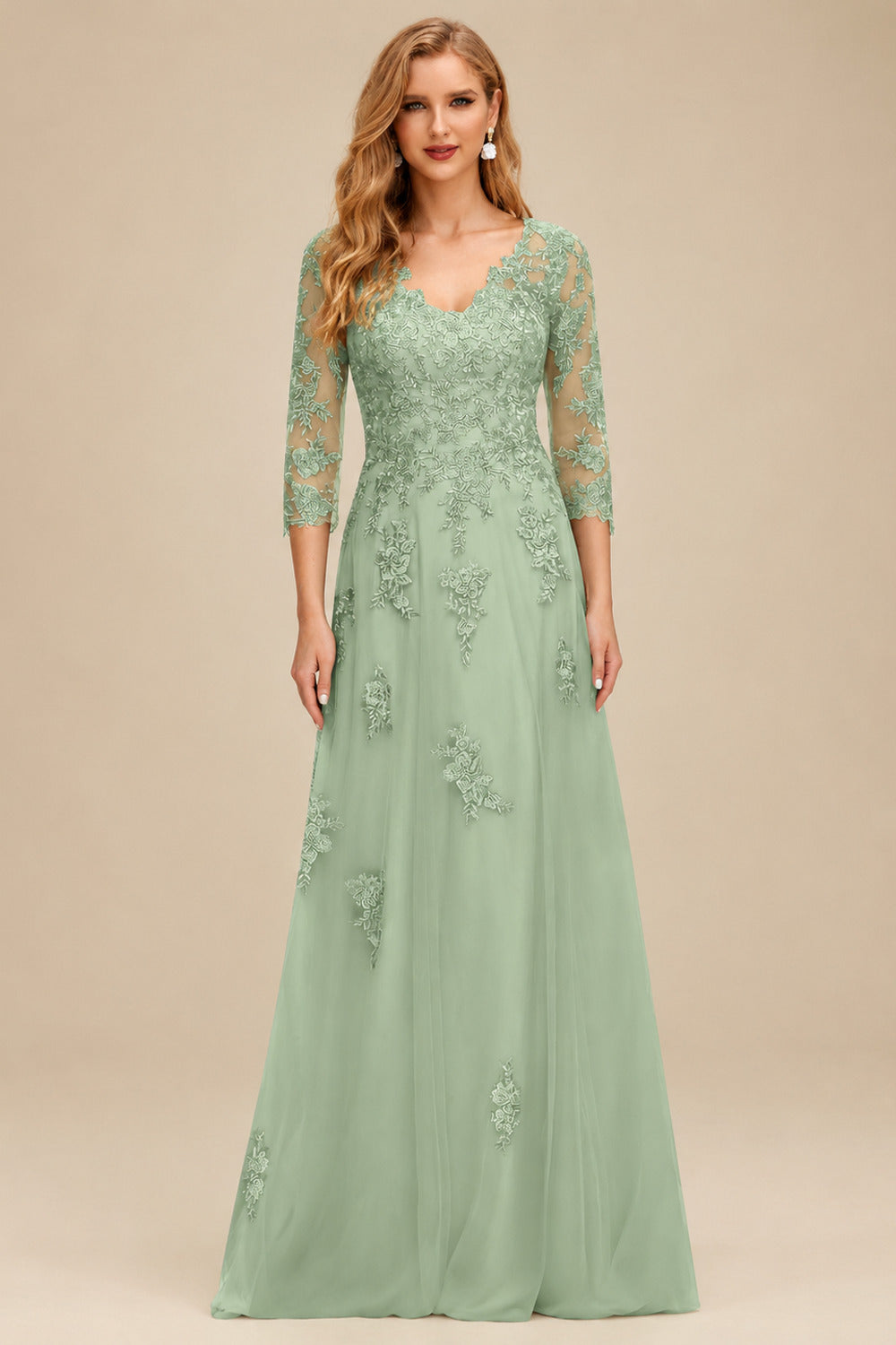 Rutipo Celadon A-Line V-Neck 3/4 Sleeves Tulle Mother Of The Bride Dresses With Appliques Lace