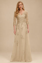 Rutipo Champagne A-Line V-Neck 3/4 Sleeves Tulle Mother Of The Bride Dresses With Appliques Lace