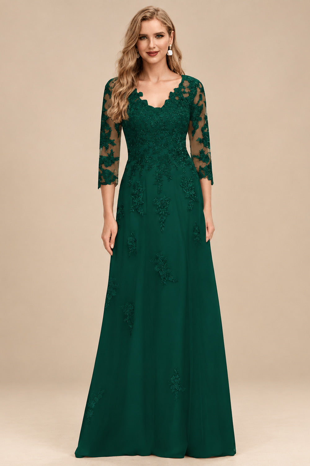 Rutipo Dark Green A-Line V-Neck 3/4 Sleeves Tulle Mother Of The Bride Dresses With Appliques Lace