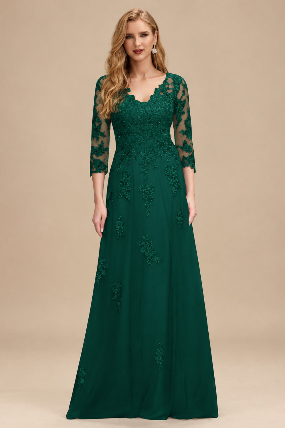 Rutipo Emerald A-Line V-Neck 3/4 Sleeves Tulle Mother Of The Bride Dresses With Appliques Lace