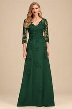 Rutipo Hunter Green A-Line V-Neck 3/4 Sleeves Tulle Mother Of The Bride Dresses With Appliques Lace