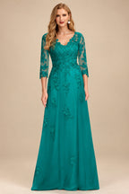 Rutipo Jade A-Line V-Neck 3/4 Sleeves Tulle Mother Of The Bride Dresses With Appliques Lace
