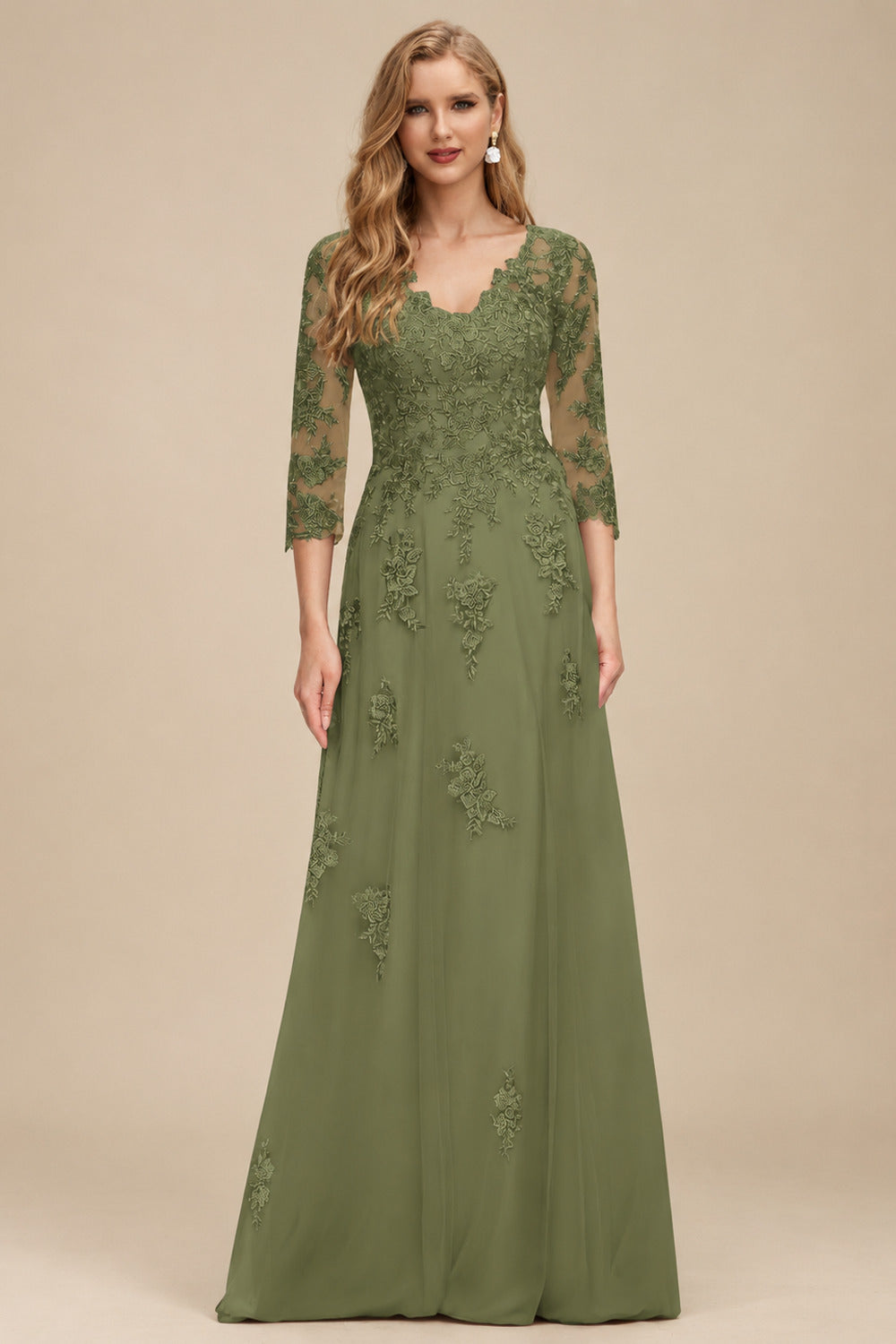 Rutipo Olive Green A-Line V-Neck 3/4 Sleeves Tulle Mother Of The Bride Dresses With Appliques Lace