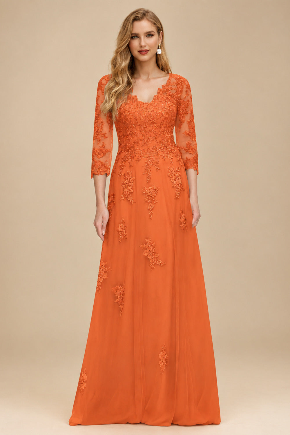 Rutipo Orange A-Line V-Neck 3/4 Sleeves Tulle Mother Of The Bride Dresses With Appliques Lace