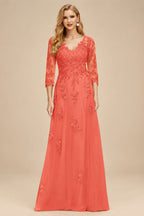 Rutipo Papaya A-Line V-Neck 3/4 Sleeves Tulle Mother Of The Bride Dresses With Appliques Lace