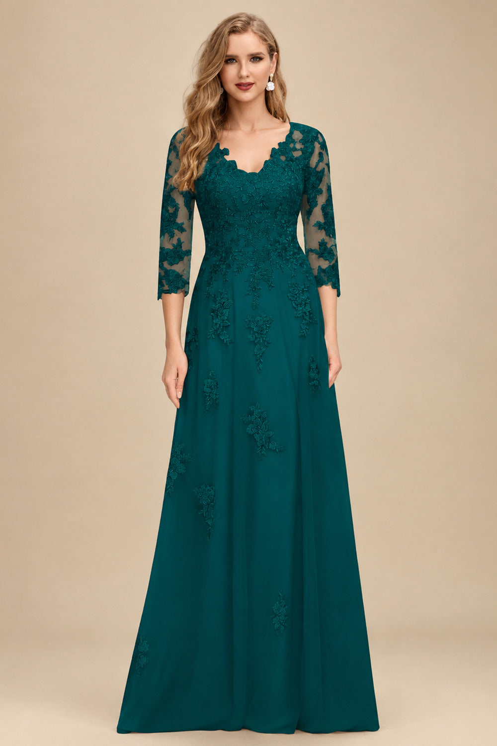 Rutipo Peacock A-Line V-Neck 3/4 Sleeves Tulle Mother Of The Bride Dresses With Appliques Lace