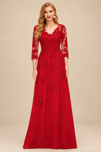 Rutipo Red A-Line V-Neck 3/4 Sleeves Tulle Mother Of The Bride Dresses With Appliques Lace