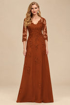 Rutipo Terracotta A-Line V-Neck 3/4 Sleeves Tulle Mother Of The Bride Dresses With Appliques Lace