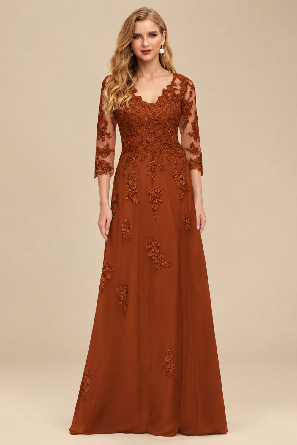 Rutipo Terracotta A-Line V-Neck 3/4 Sleeves Tulle Mother Of The Bride Dresses With Appliques Lace