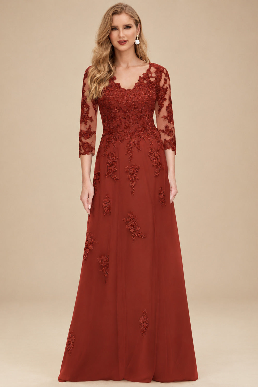 Rutipo Vermilion A-Line V-Neck 3/4 Sleeves Tulle Mother Of The Bride Dresses With Appliques Lace