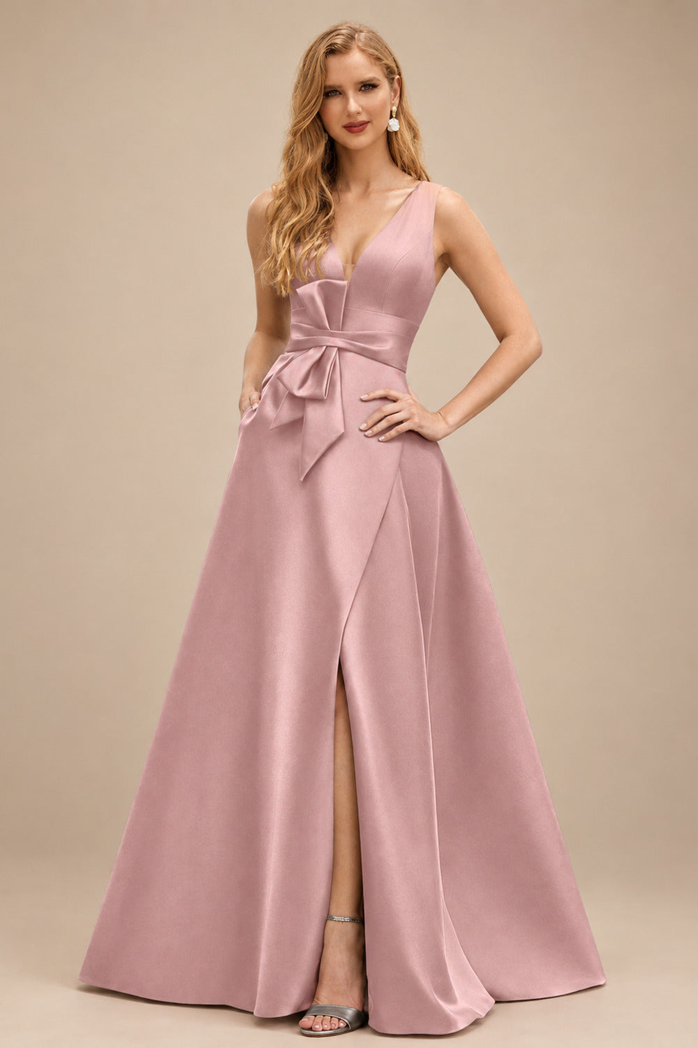 Rutipo Dusty Rose A-Line V-Neck Sleeveless Floor-Length Satin Mother Of The Bride Dresses With Bow(s)