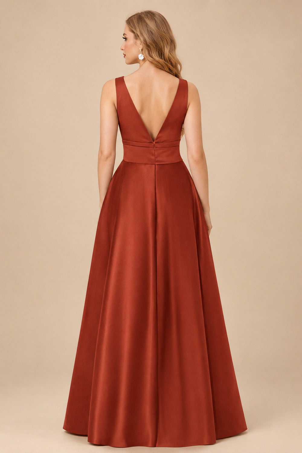 Rutipo Terracotta A-Line V-Neck Sleeveless Floor-Length Satin Mother Of The Bride Dresses With Bow(s)