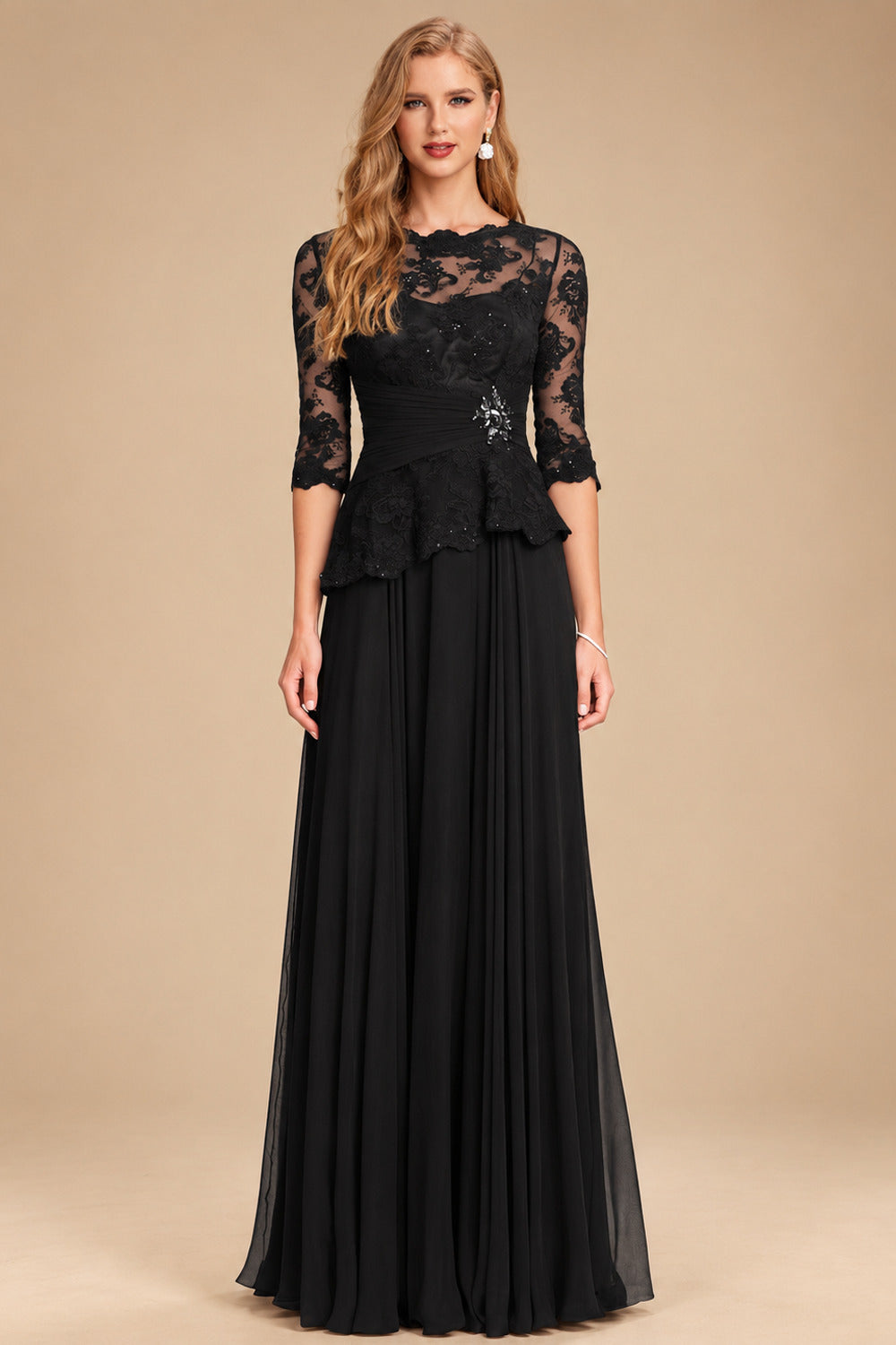Rutipo Black A-Line Scoop Neck 3/4 Sleeves Floor-Length Chiffon/Lace Mother Of The Bride Dresses