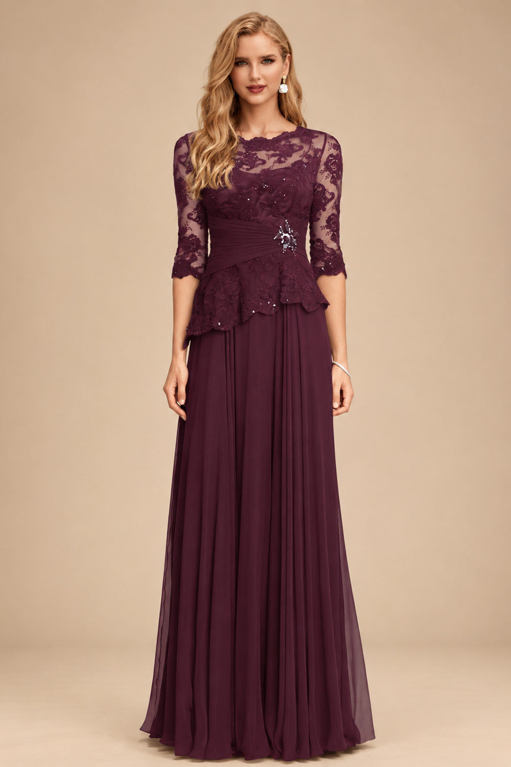 Rutipo Cabernet A-Line Scoop Neck 3/4 Sleeves Floor-Length Chiffon/Lace Mother Of The Bride Dresses