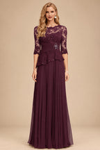 Rutipo Cabernet A-Line Scoop Neck 3/4 Sleeves Floor-Length Chiffon/Lace Mother Of The Bride Dresses