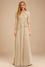 Rutipo Champagne A-Line Scoop Neck 3/4 Sleeves Floor-Length Chiffon/Lace Mother Of The Bride Dresses