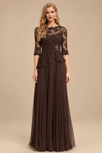 Rutipo Chocolate A-Line Scoop Neck 3/4 Sleeves Floor-Length Chiffon/Lace Mother Of The Bride Dresses