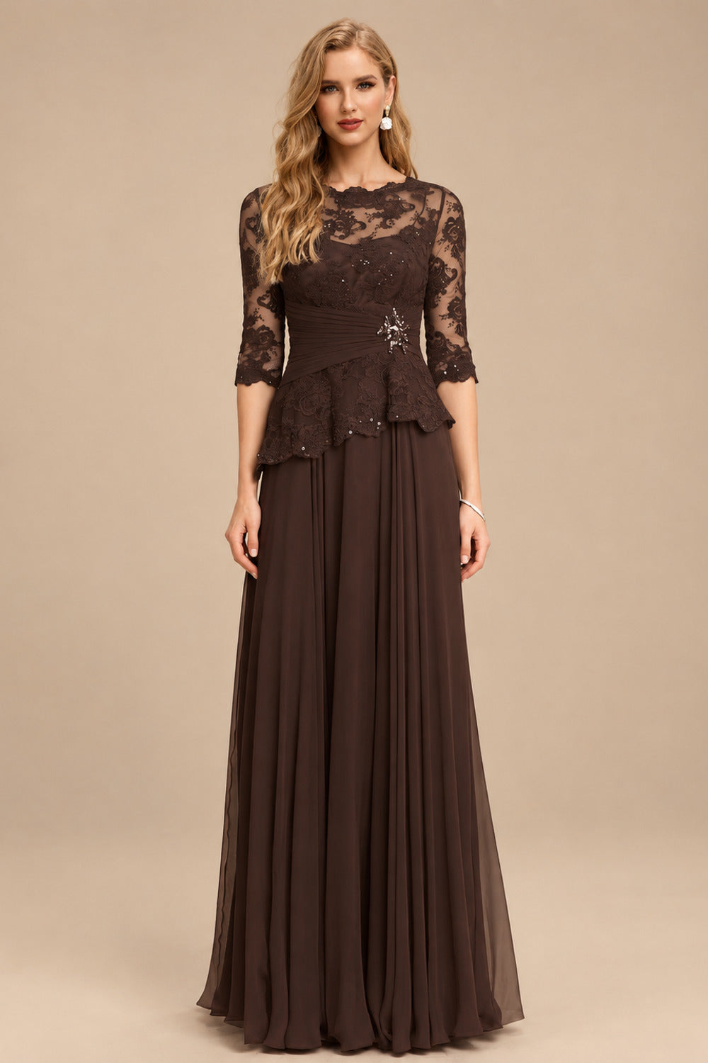 Rutipo Chocolate A-Line Scoop Neck 3/4 Sleeves Floor-Length Chiffon/Lace Mother Of The Bride Dresses
