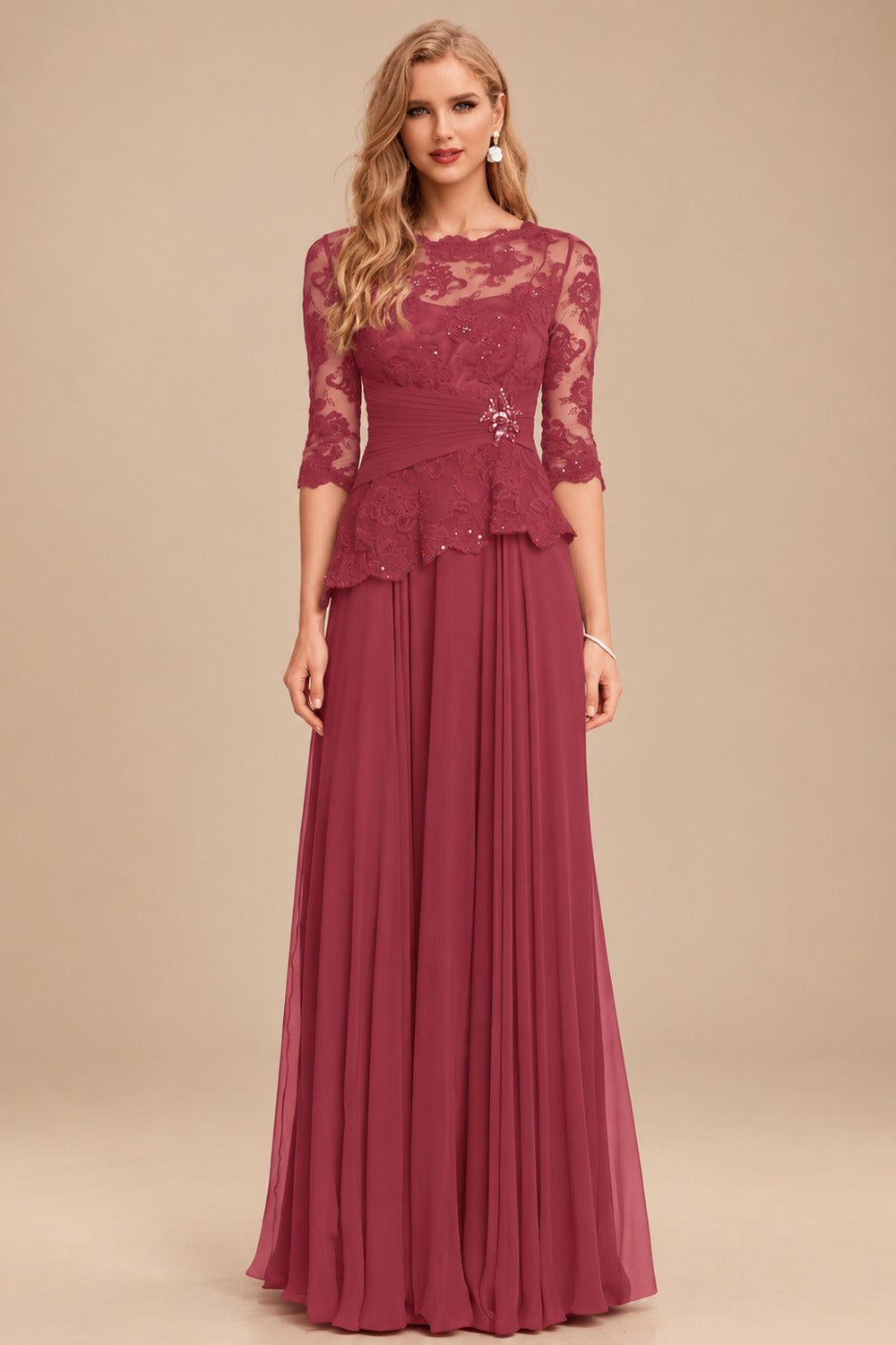 Rutipo Cinnamon Rose A-Line Scoop Neck 3/4 Sleeves Floor-Length Chiffon/Lace Mother Of The Bride Dresses