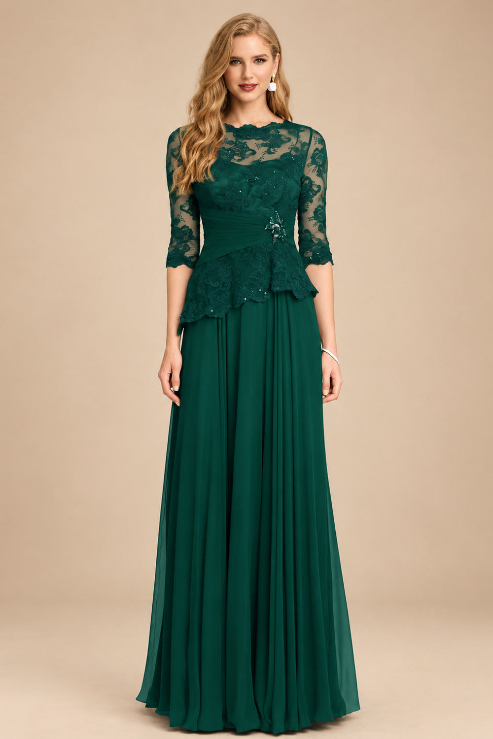 Rutipo Dark Green A-Line Scoop Neck 3/4 Sleeves Floor-Length Chiffon/Lace Mother Of The Bride Dresses