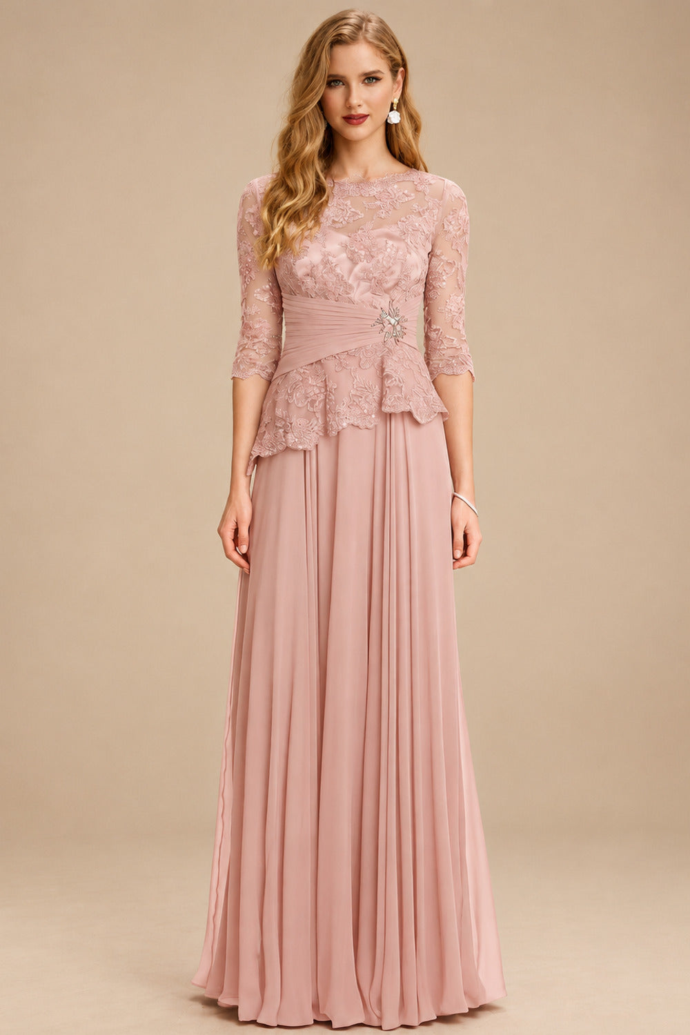 Rutipo Dusty Rose A-Line Scoop Neck 3/4 Sleeves Floor-Length Chiffon/Lace Mother Of The Bride Dresses