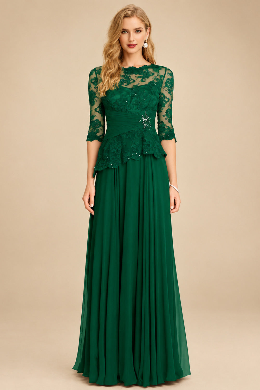 Rutipo Emerald A-Line Scoop Neck 3/4 Sleeves Floor-Length Chiffon/Lace Mother Of The Bride Dresses