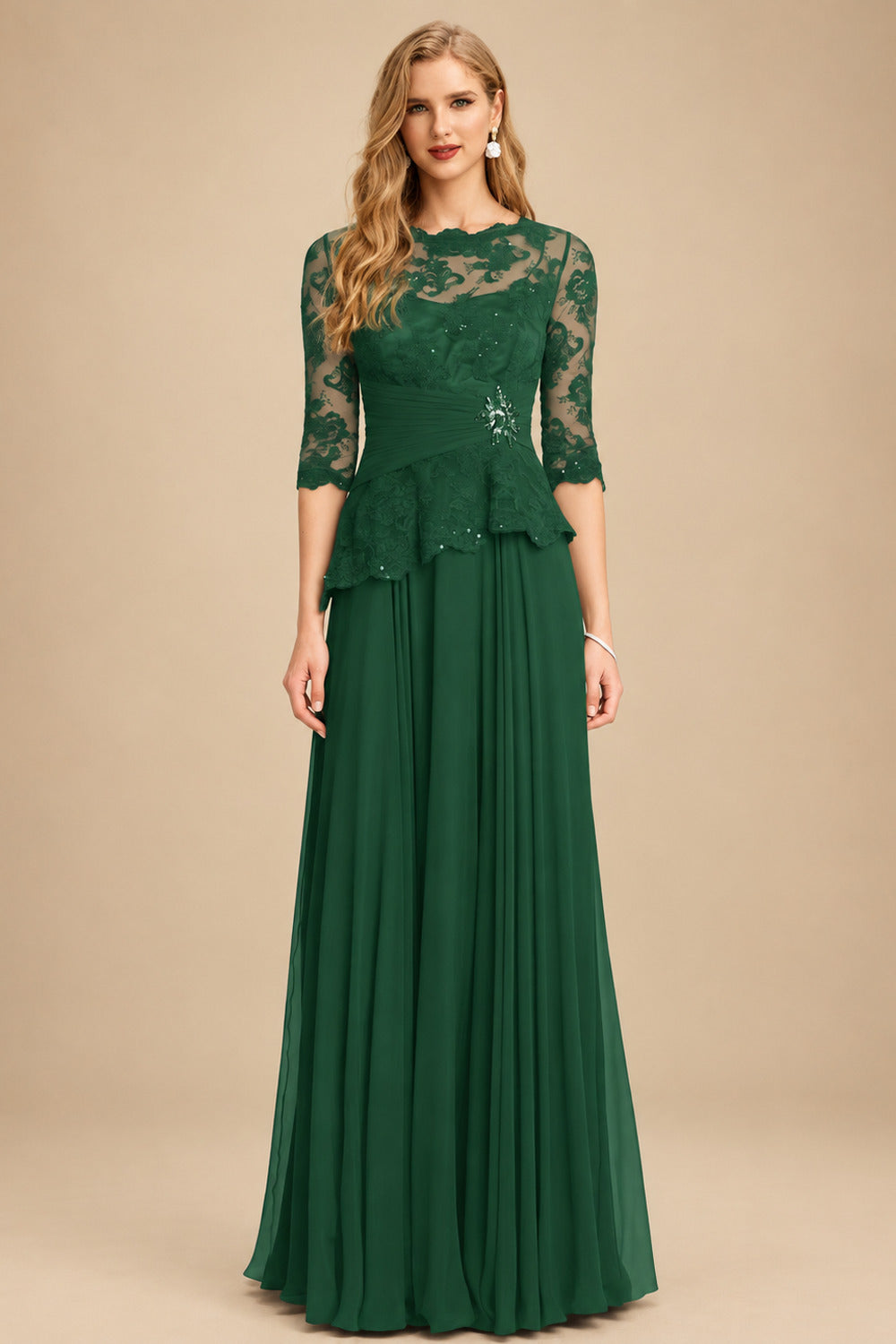 Rutipo Hunter Green A-Line Scoop Neck 3/4 Sleeves Floor-Length Chiffon/Lace Mother Of The Bride Dresses