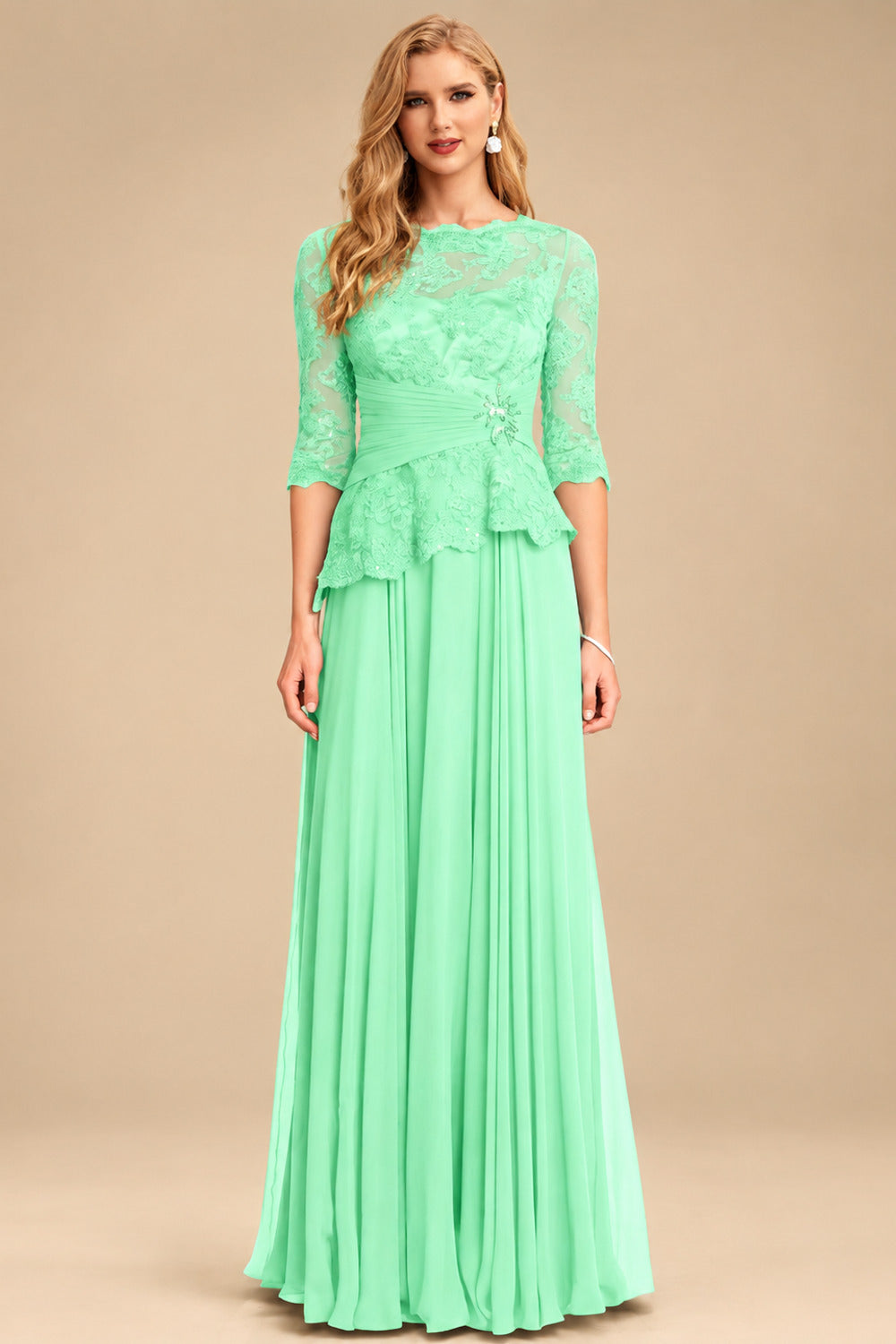 Rutipo Mint Green A-Line Scoop Neck 3/4 Sleeves Floor-Length Chiffon/Lace Mother Of The Bride Dresses