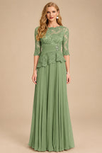 Rutipo Moss Green A-Line Scoop Neck 3/4 Sleeves Floor-Length Chiffon/Lace Mother Of The Bride Dresses