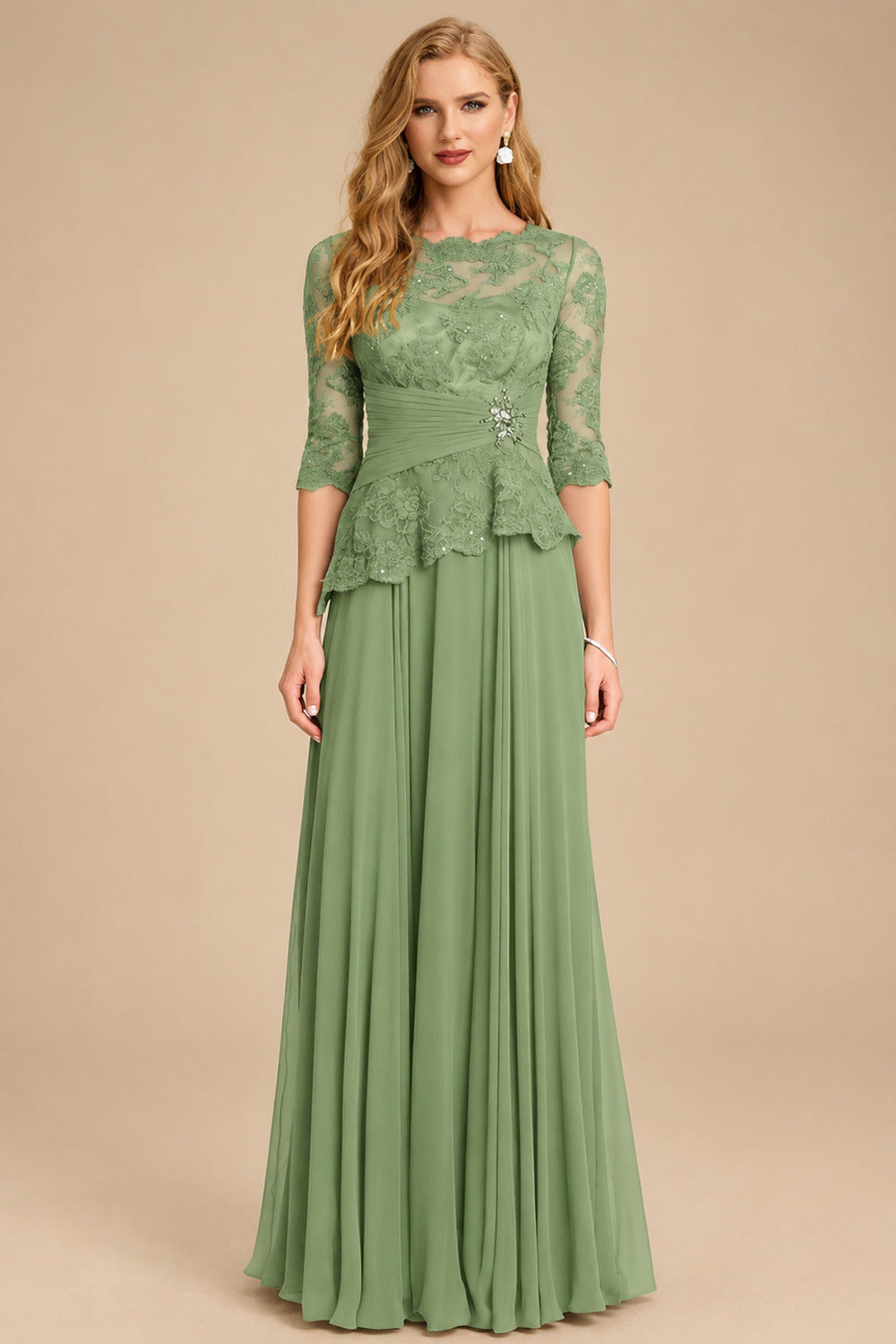 Rutipo Moss Green A-Line Scoop Neck 3/4 Sleeves Floor-Length Chiffon/Lace Mother Of The Bride Dresses