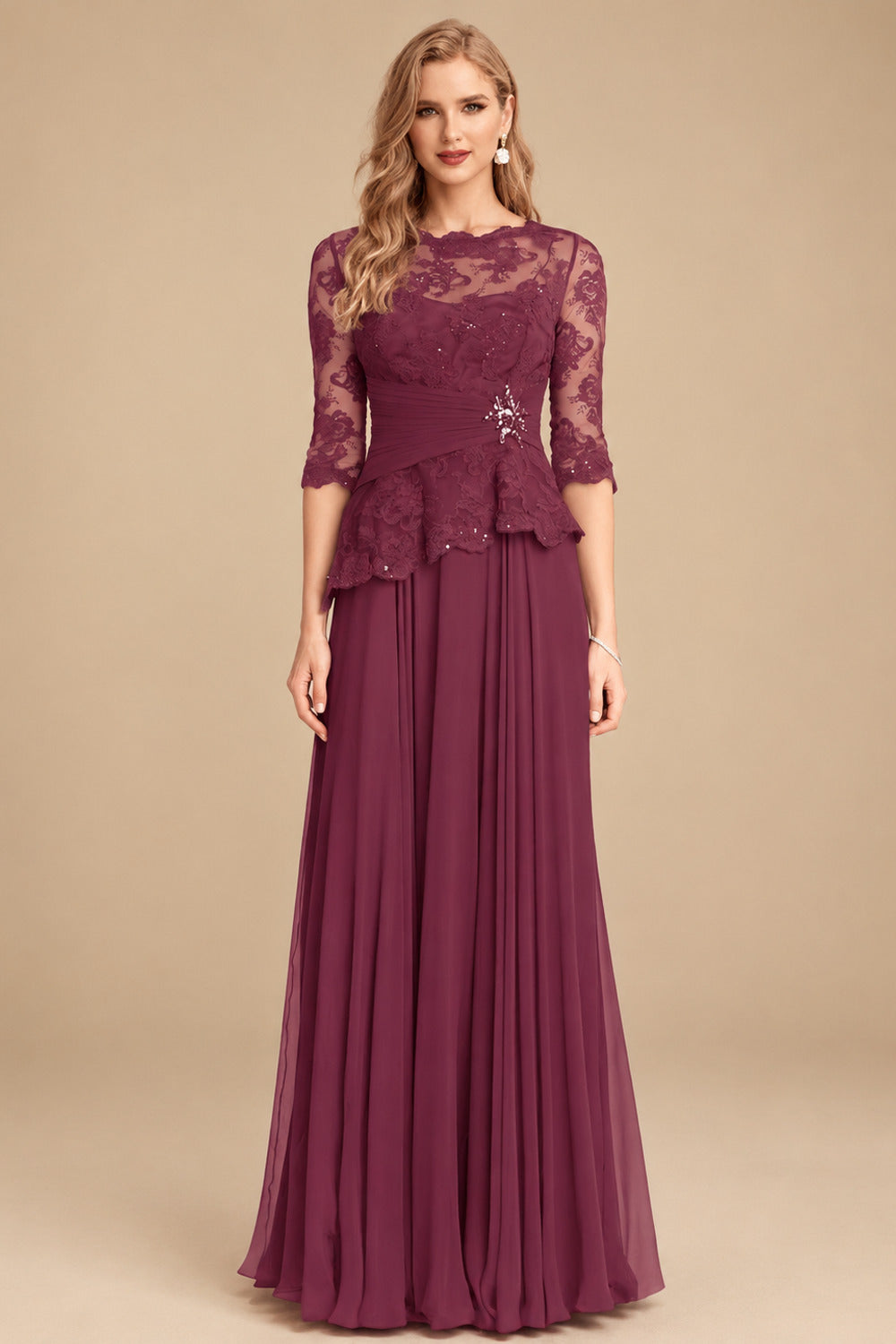 Rutipo Mulberry A-Line Scoop Neck 3/4 Sleeves Floor-Length Chiffon/Lace Mother Of The Bride Dresses