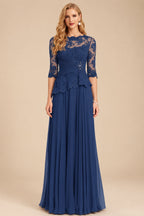 Rutipo Navy Blue A-Line Scoop Neck 3/4 Sleeves Floor-Length Chiffon/Lace Mother Of The Bride Dresses