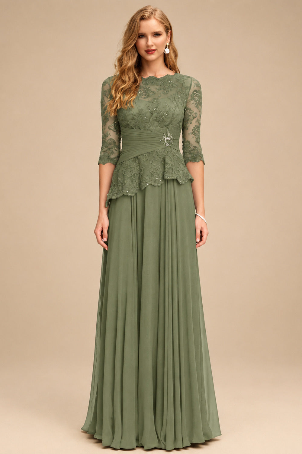Rutipo Olive Green A-Line Scoop Neck 3/4 Sleeves Floor-Length Chiffon/Lace Mother Of The Bride Dresses