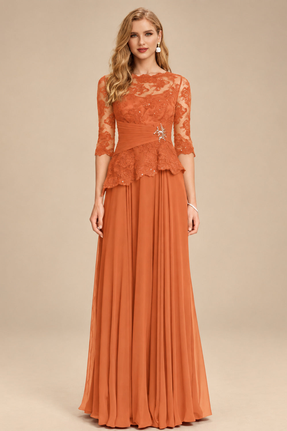 Rutipo Orange A-Line Scoop Neck 3/4 Sleeves Floor-Length Chiffon/Lace Mother Of The Bride Dresses