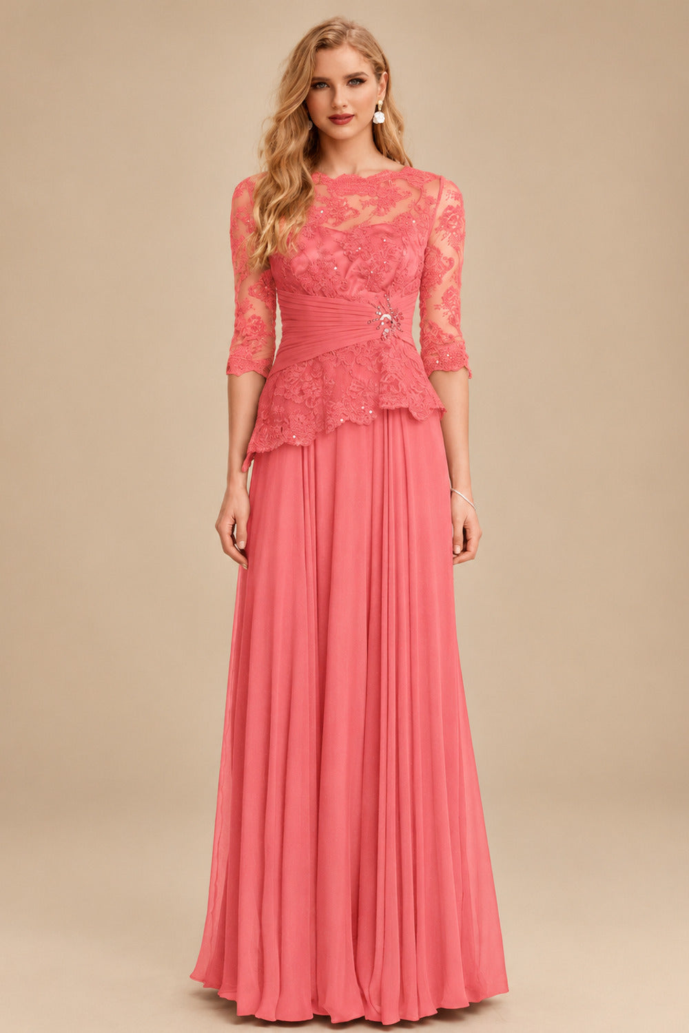 Rutipo Watermelon A-Line Scoop Neck 3/4 Sleeves Floor-Length Chiffon/Lace Mother Of The Bride Dresses