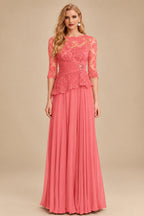 Rutipo Watermelon A-Line Scoop Neck 3/4 Sleeves Floor-Length Chiffon/Lace Mother Of The Bride Dresses