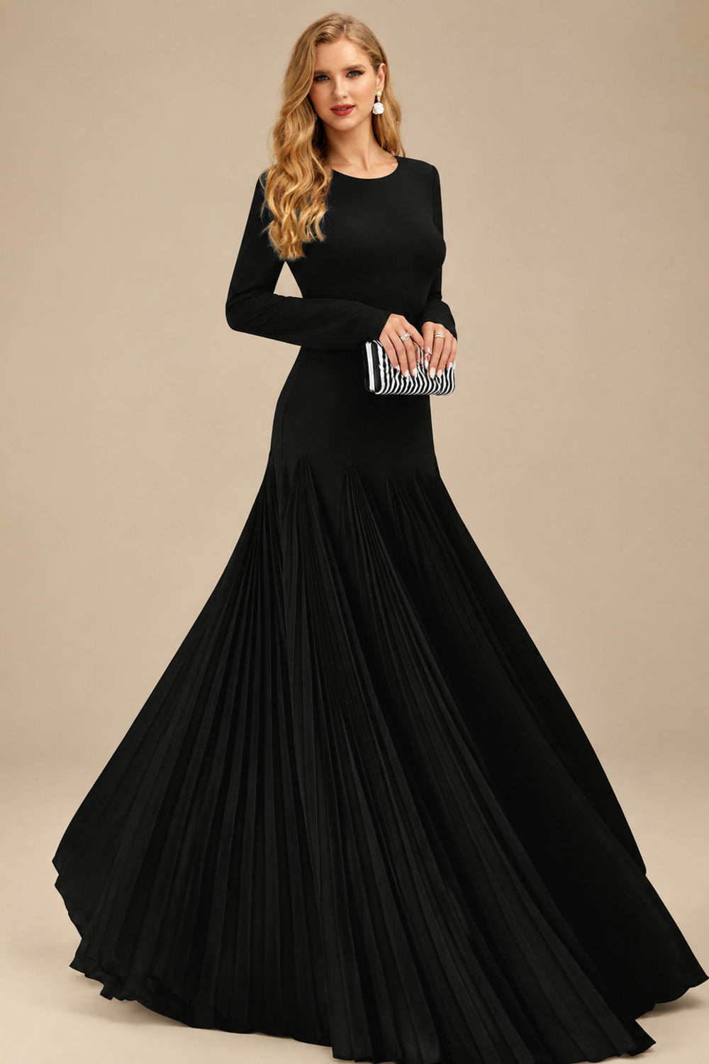Rutipo Black A-Line Pleated Long Sleeves Floor-Length Chiffon Mother Of The Bride Dresses