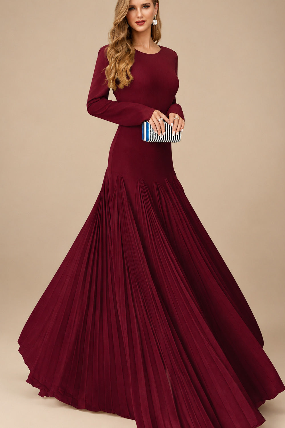 Rutipo Burgundy A-Line Pleated Long Sleeves Floor-Length Chiffon Mother Of The Bride Dresses